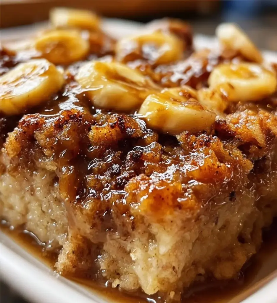 Banana bread cobbler served in a bowl with a gooey topping.