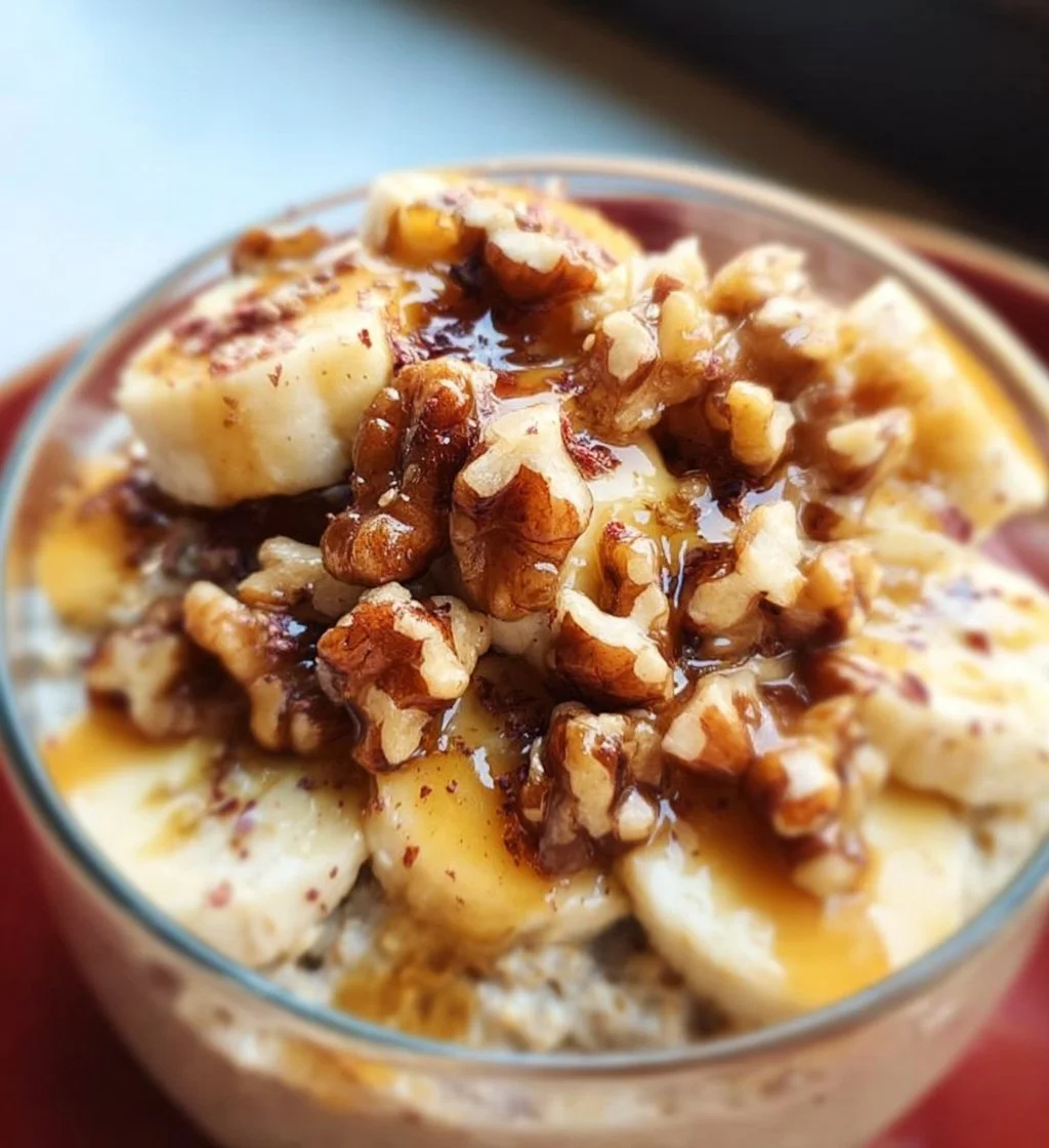 A bowl of banana nut overnight oats topped with sliced bananas and nuts