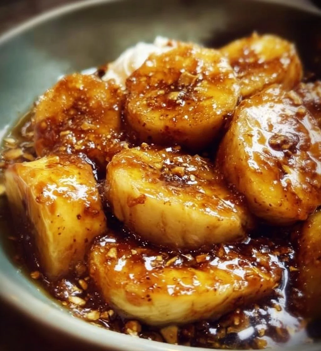Delicious Bananas Foster dessert with caramelized bananas and vanilla ice cream.