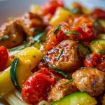 Plate of chicken sausages with zucchini, tomatoes, and pasta.