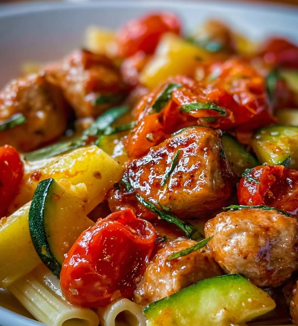 Plate of chicken sausages with zucchini, tomatoes, and pasta.