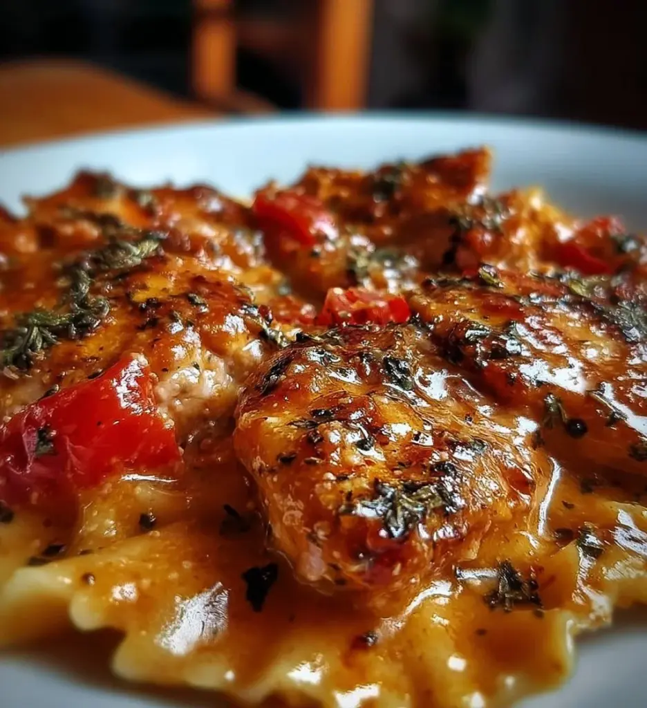 Delicious Parmesan Roasted Chicken with red pepper served on a plate
