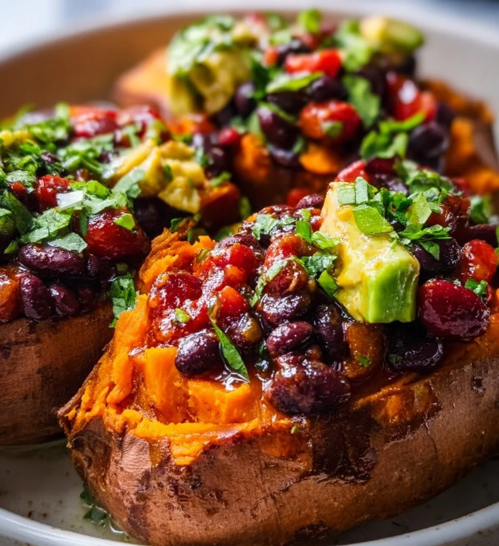 Black Bean Stuffed Sweet Potatoes topped with avocado and cilantro