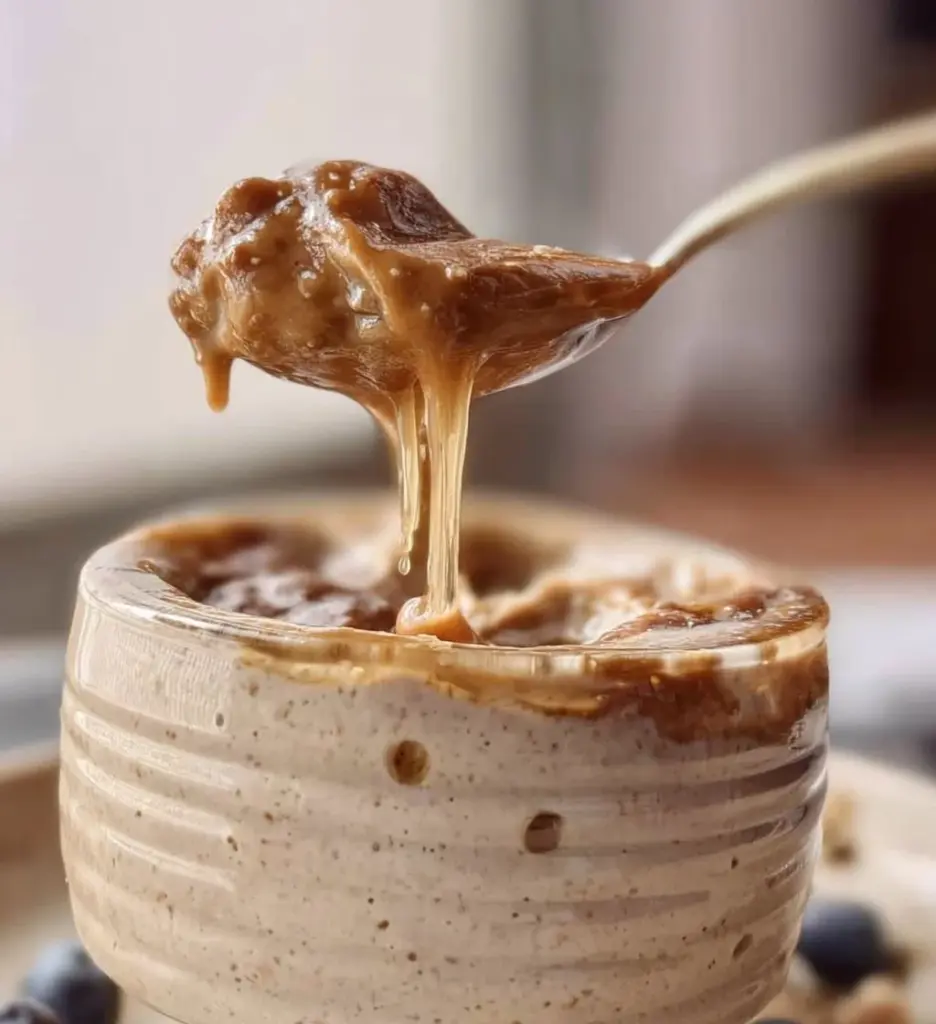 A bowl of blended overnight oats topped with fruits and nuts.