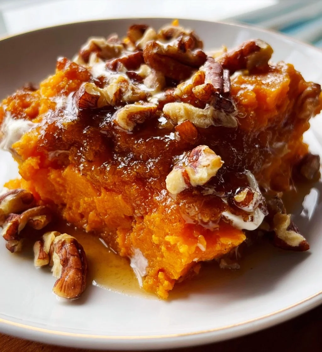 Bourbon Sweet Potato Casserole topped with marshmallows and pecans