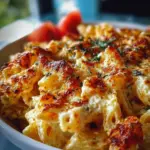Boursin cheese baked pasta served in a dish with herbs and spices.