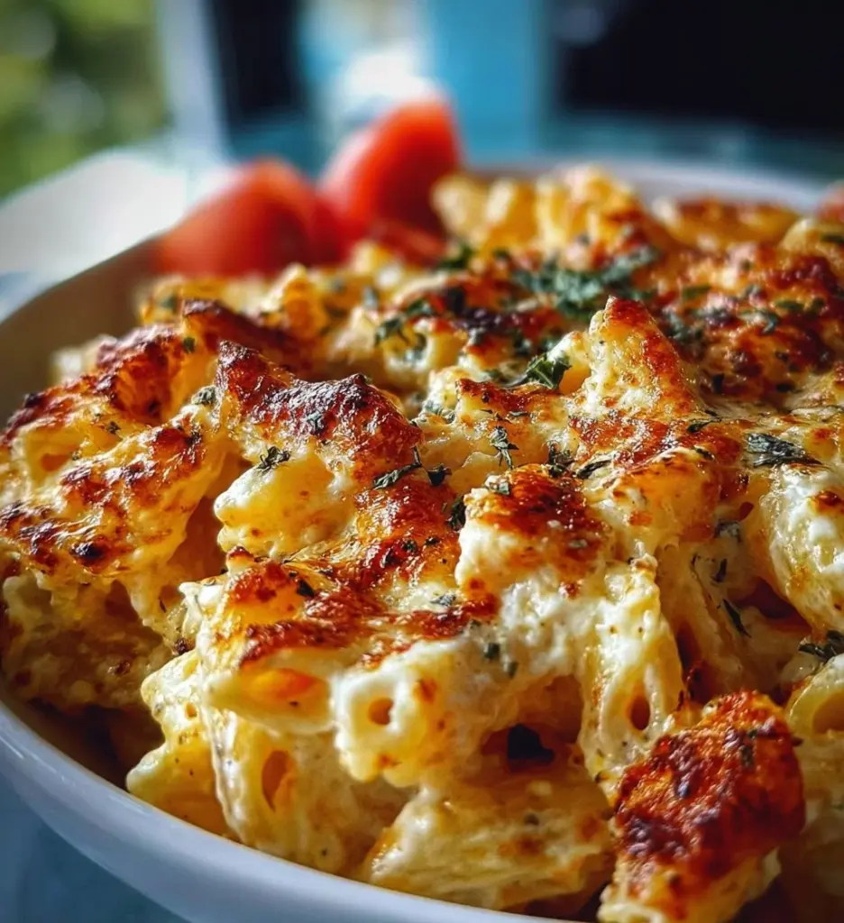 Boursin cheese baked pasta served in a dish with herbs and spices.