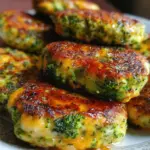 Homemade broccoli cheese patties served on a plate with dipping sauce.