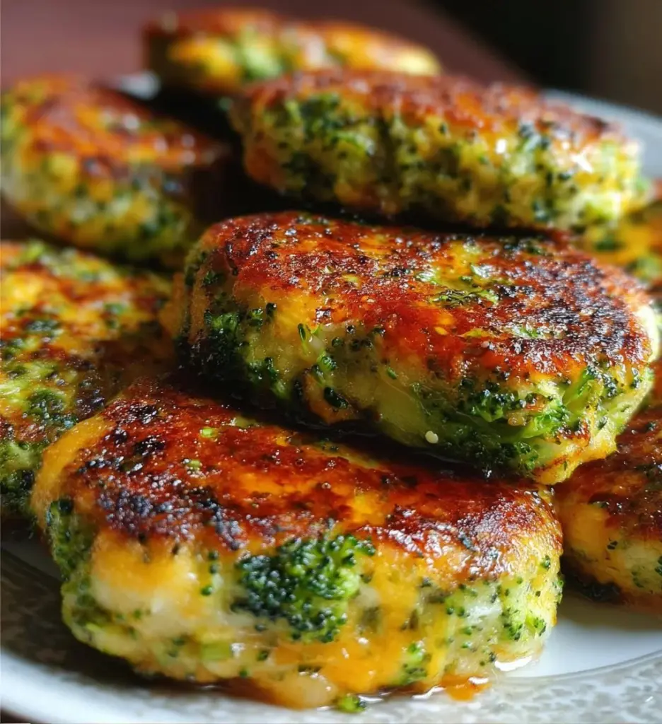 Homemade broccoli cheese patties served on a plate with dipping sauce.