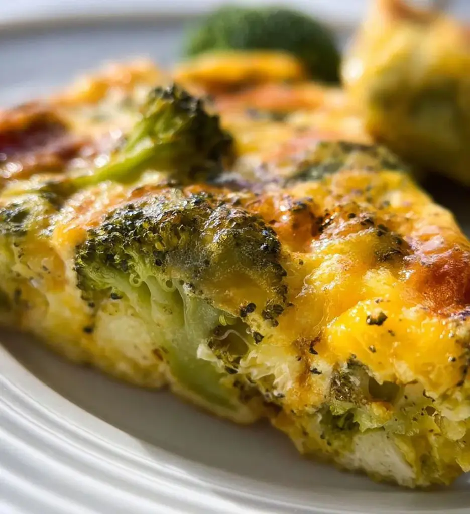 Delicious broccoli frittata served on a plate with herbs and cheese