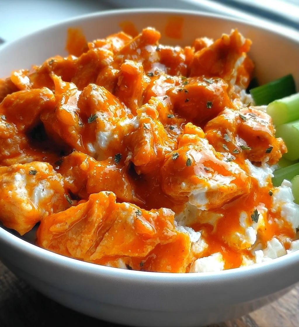 Buffalo Chicken Cottage Cheese Bowl topped with fresh ingredients and spices