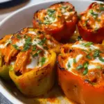 Buffalo Chicken Stuffed Peppers topped with cheese and herbs on a plate