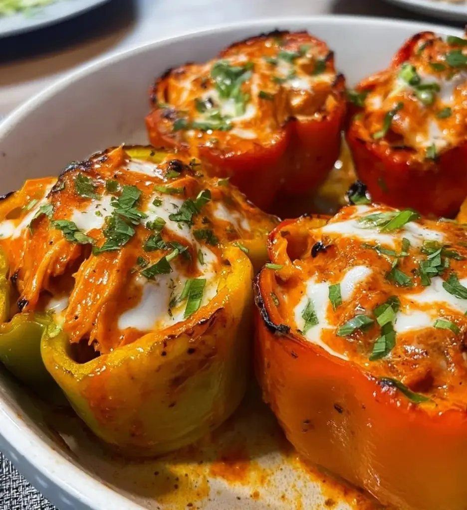 Buffalo Chicken Stuffed Peppers topped with cheese and herbs on a plate