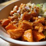 Buffalo Chicken Sweet Potato Bowl garnished with fresh vegetables and sauce