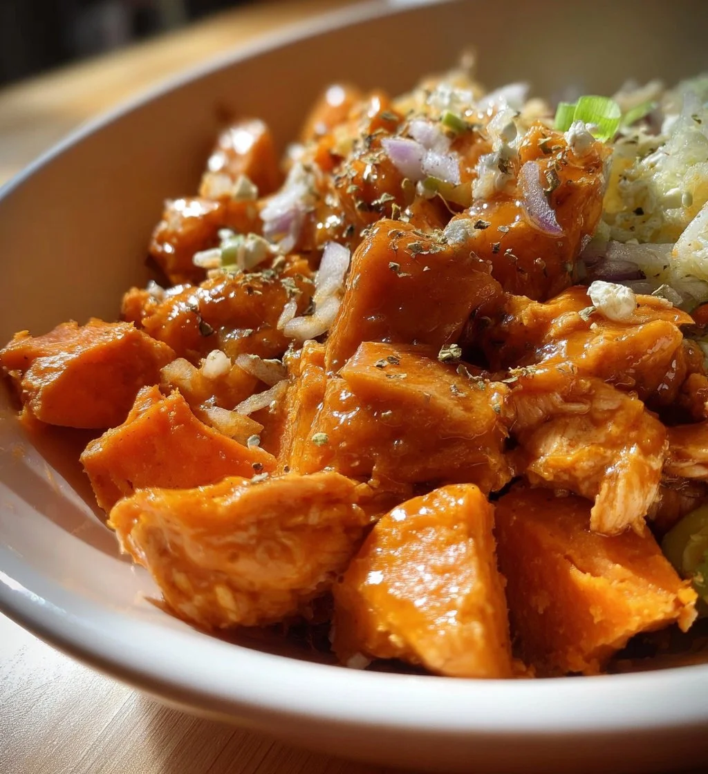 Buffalo Chicken Sweet Potato Bowl garnished with fresh vegetables and sauce