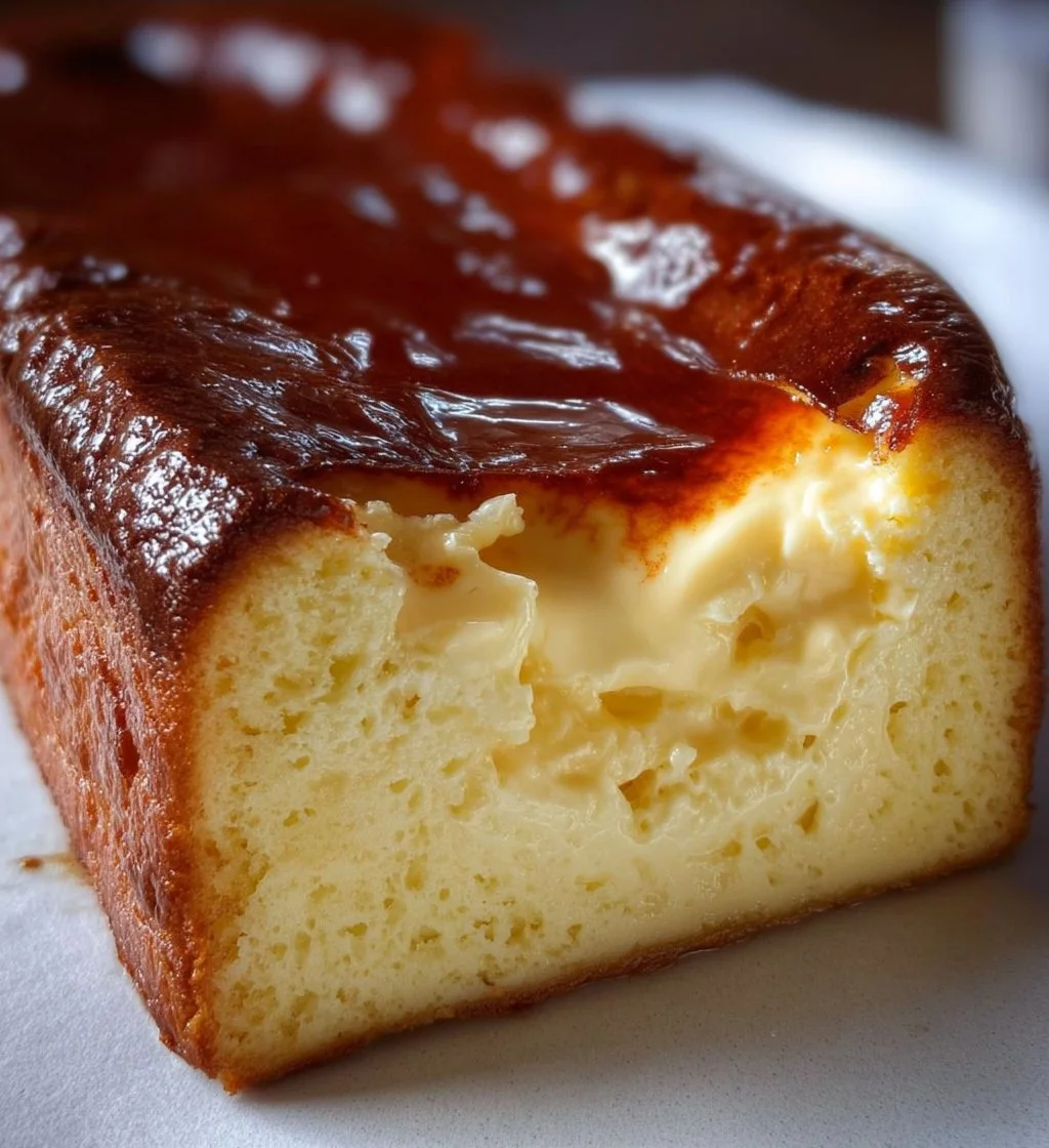 Delicious burnt Basque cheesecake served in a loaf pan.