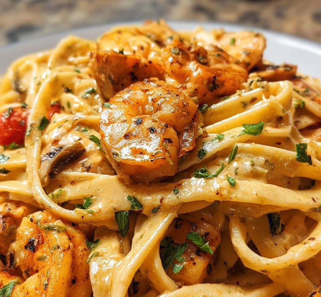 Cajun Chicken and Shrimp Alfredo dish garnished with parsley and served in a bowl