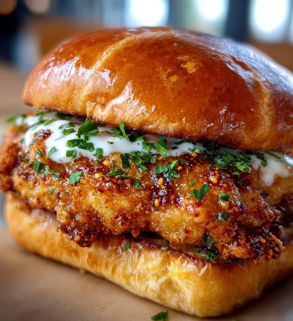 Cajun crispy chicken sandwich topped with garlic aioli on a plate