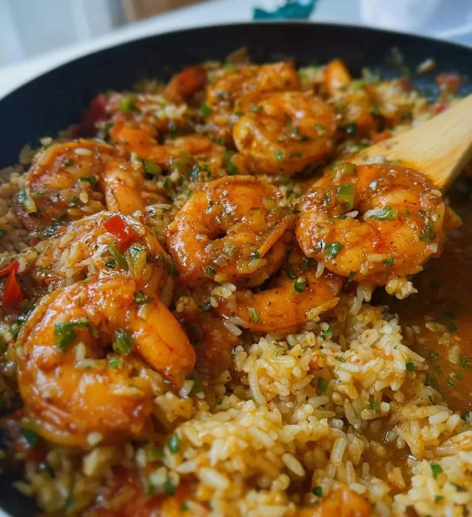 Delicious Cajun shrimp and rice skillet served in a pan.