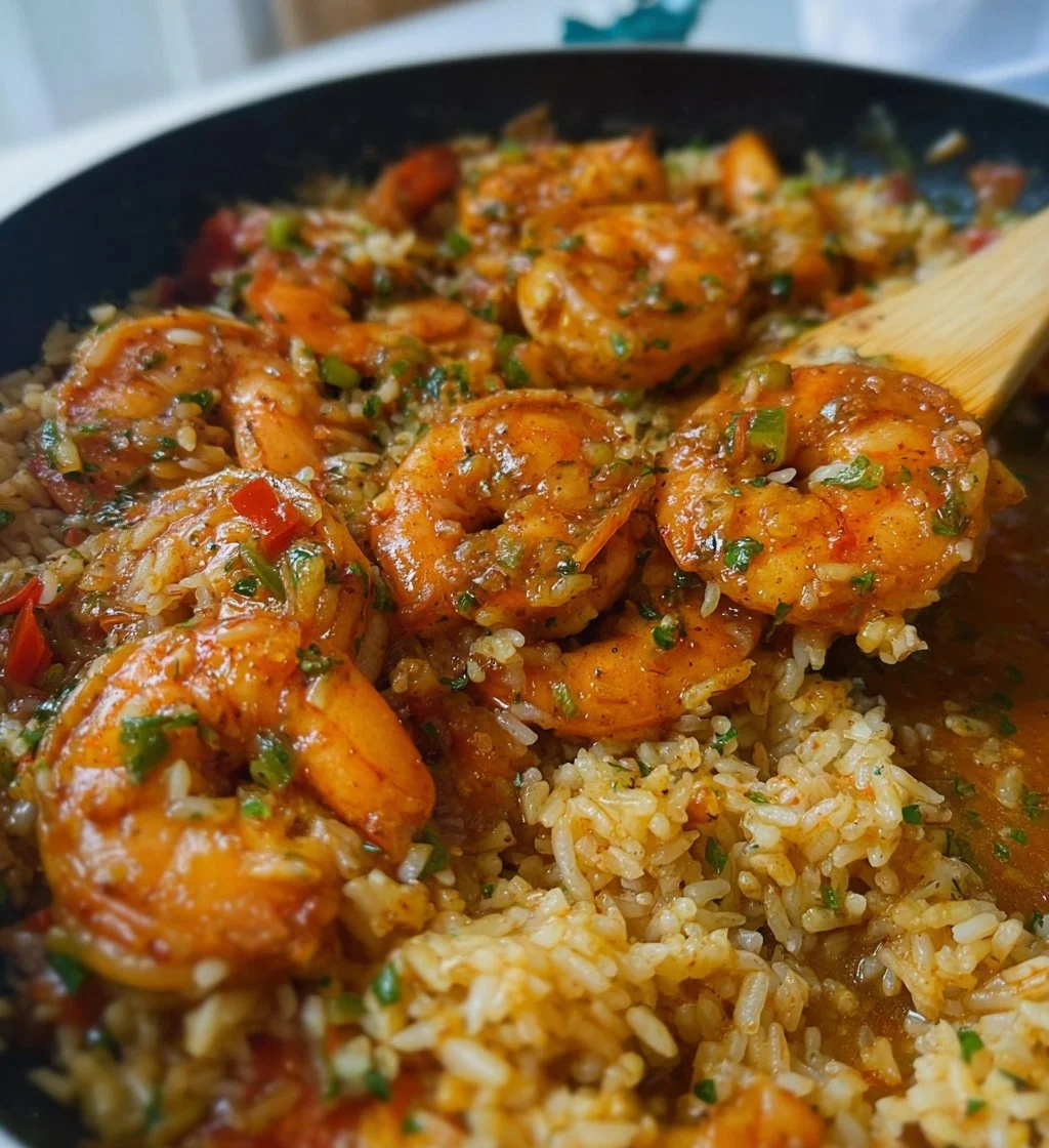 Delicious Cajun shrimp and rice skillet served in a pan.