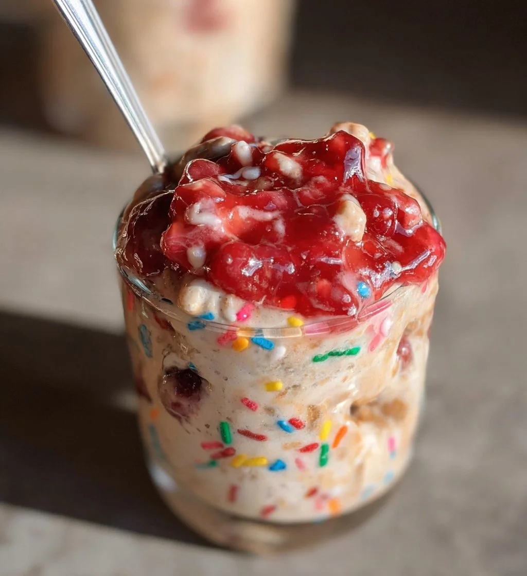 Delicious bowl of Cake Batter Overnight Oats with colorful sprinkles and toppings