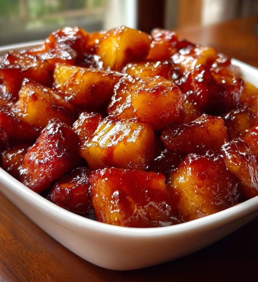 Delicious candied sweet potatoes and pineapple served on a festive table