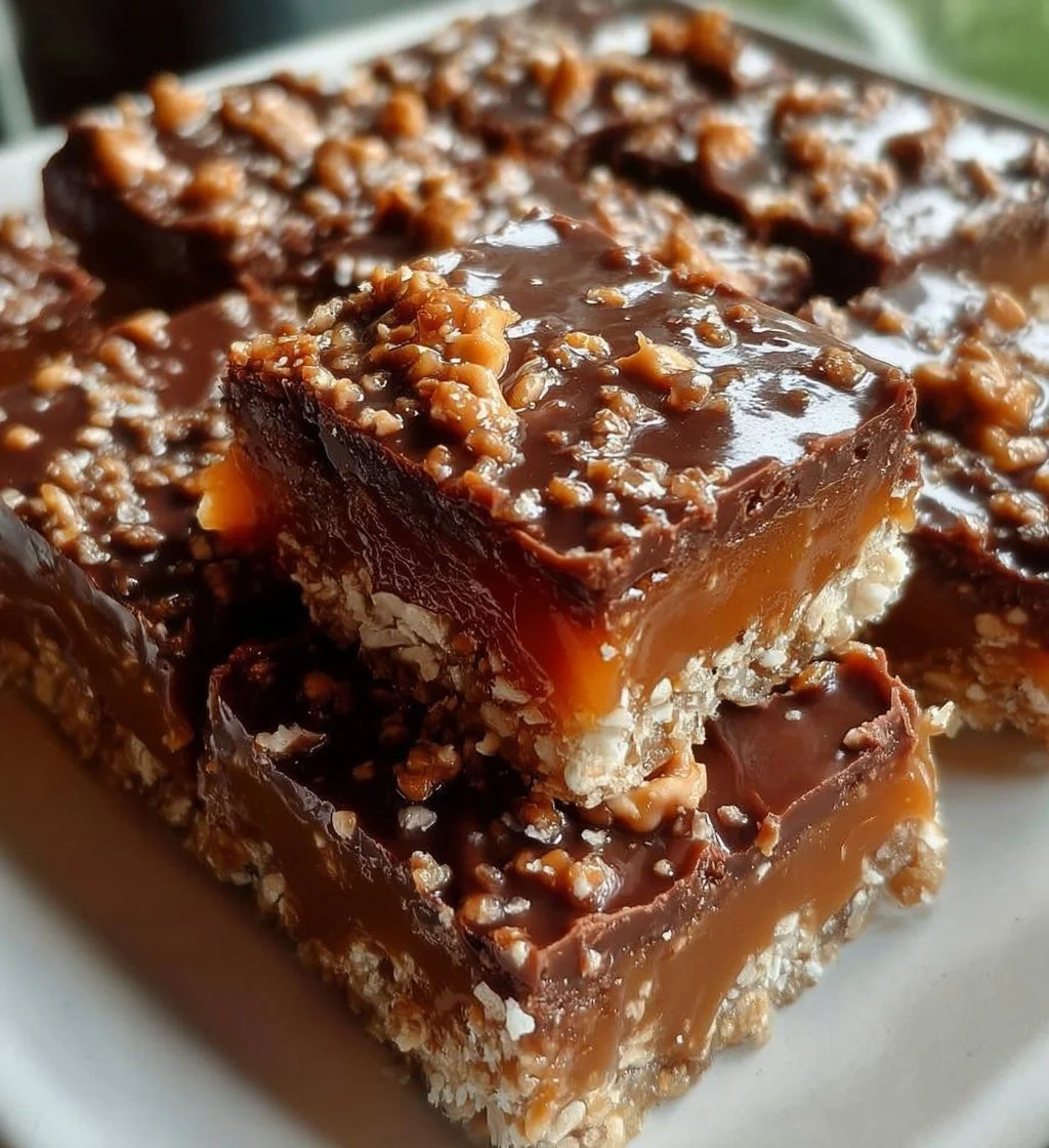 Delicious Caramel Chocolate Crunch Bars with rich chocolate and crispy texture