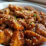 Caramelized sesame chicken served on a plate with sesame seeds and vegetables