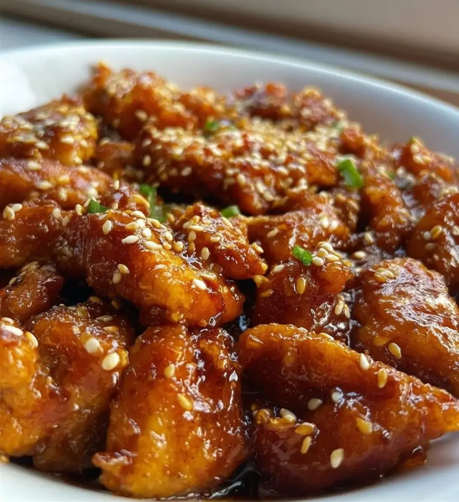 Caramelized sesame chicken served on a plate with sesame seeds and vegetables