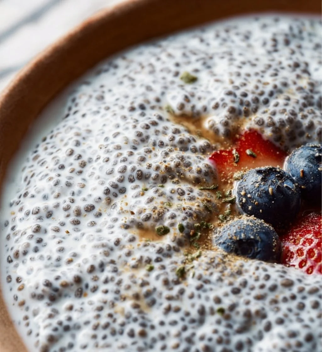 A bowl of chia seed pudding topped with yogurt and fresh fruits