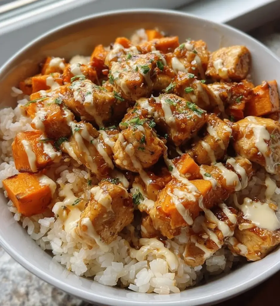 Delicious Chicken & Sweet Potato Rice Bowl packed with flavors and nutrients