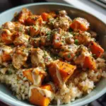 Chicken and sweet potato rice bowl garnished with fresh vegetables.