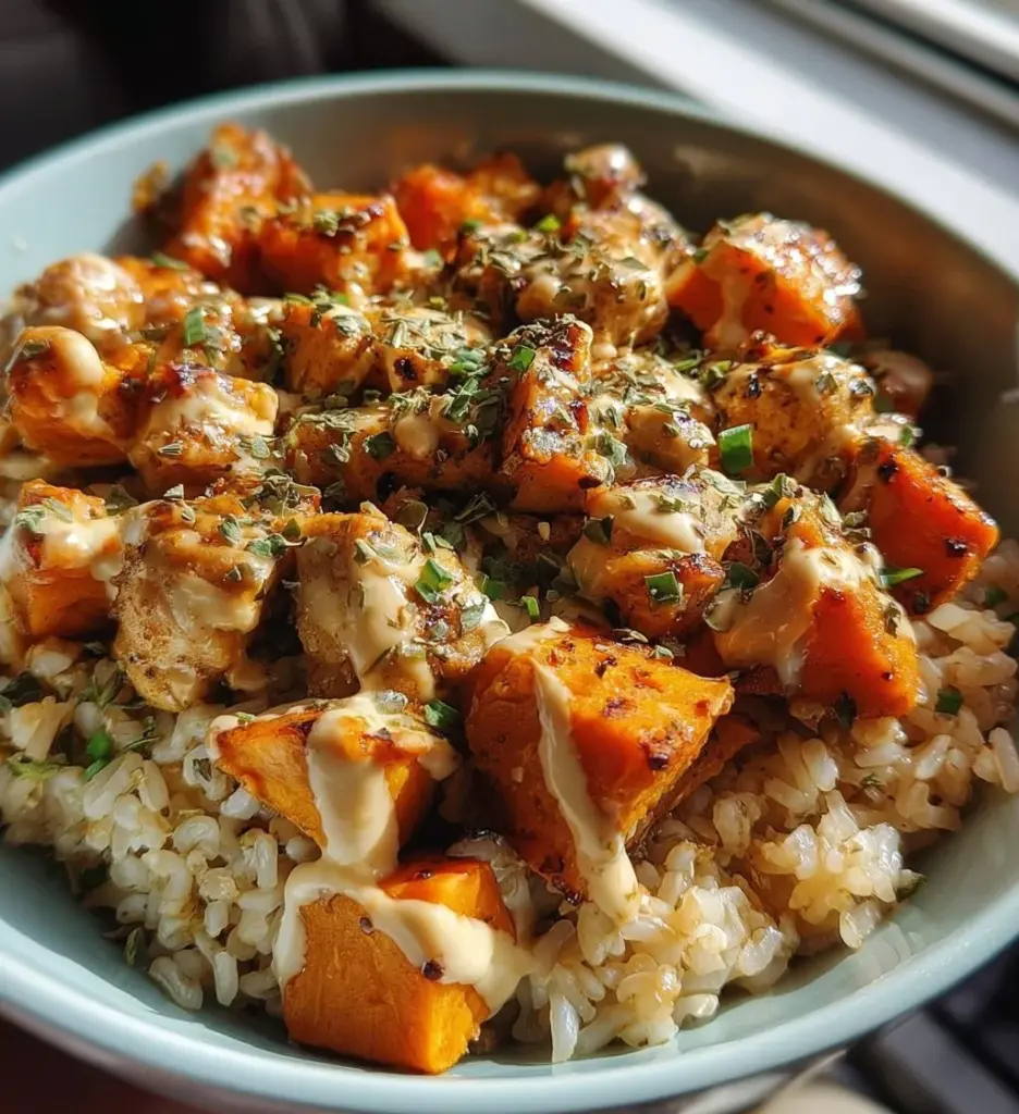Chicken and sweet potato rice bowl garnished with fresh vegetables.