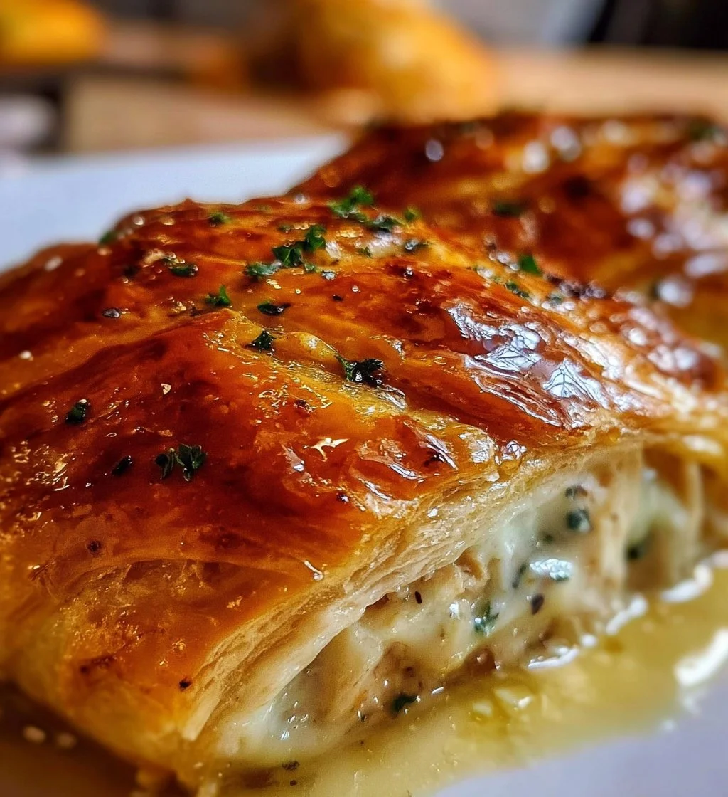 Elegant Chicken Wellington dish served with seasonal vegetables.