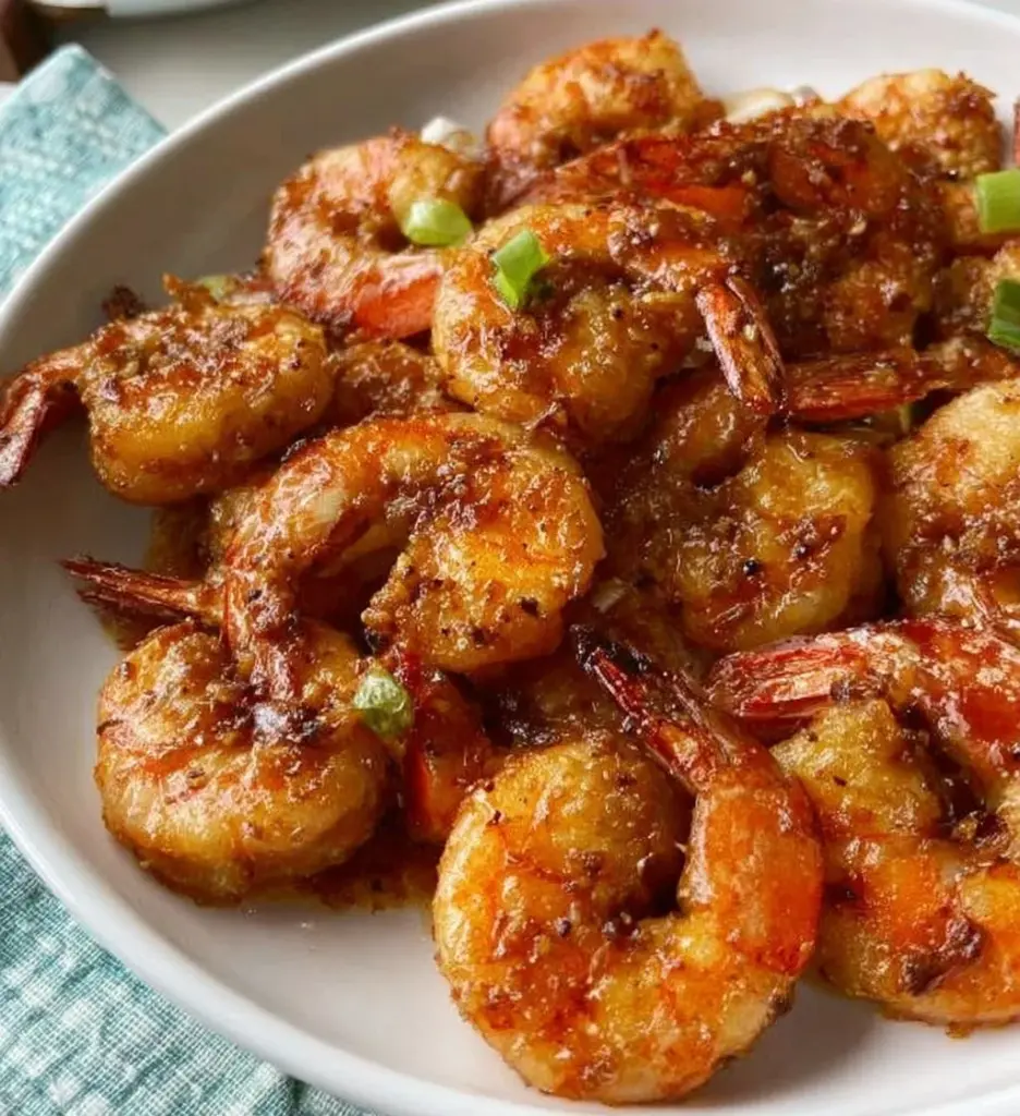 Delicious plate of Chinese Salt and Pepper Shrimp garnished with herbs and spices