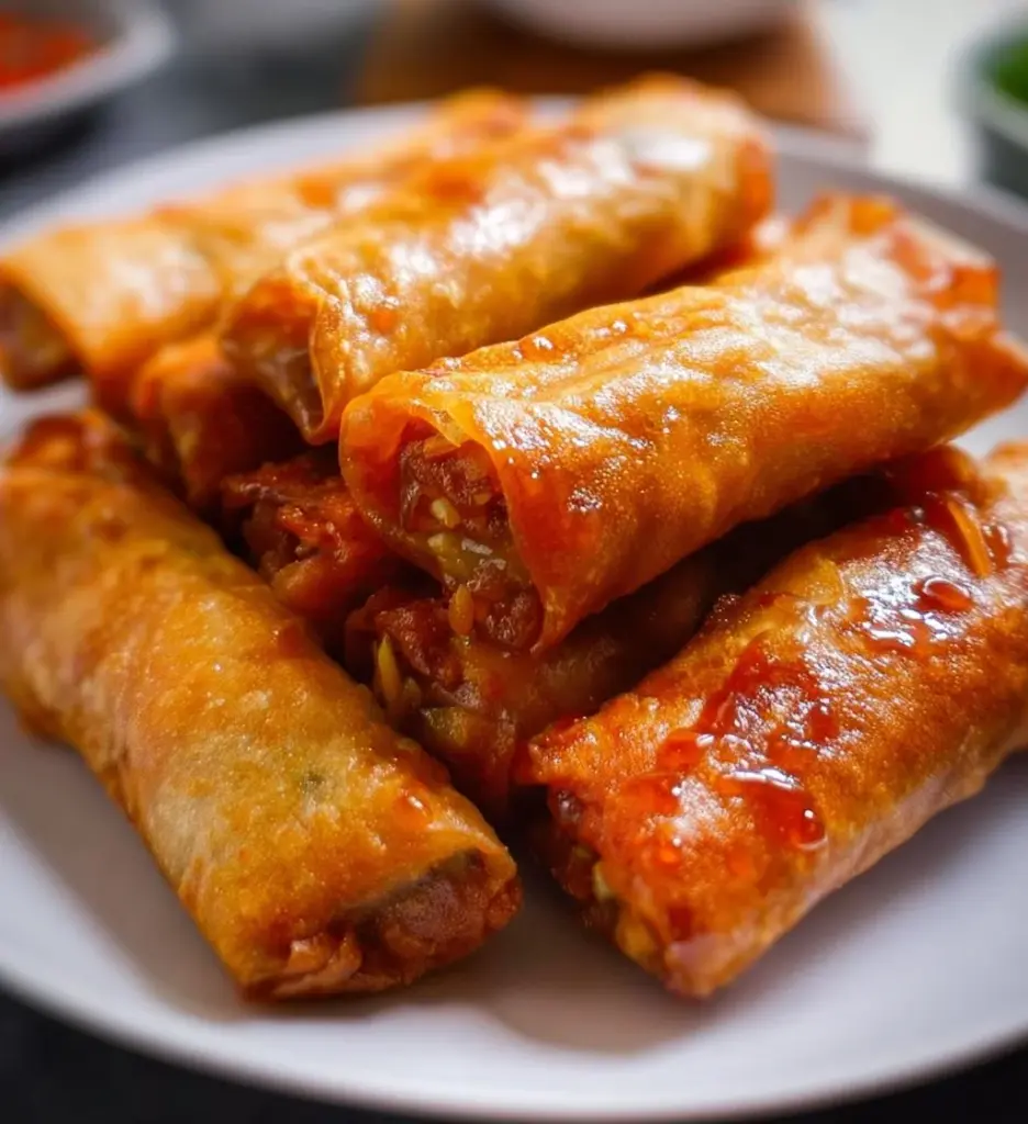 Plate of crispy Chinese vegetable spring rolls with fresh ingredients.
