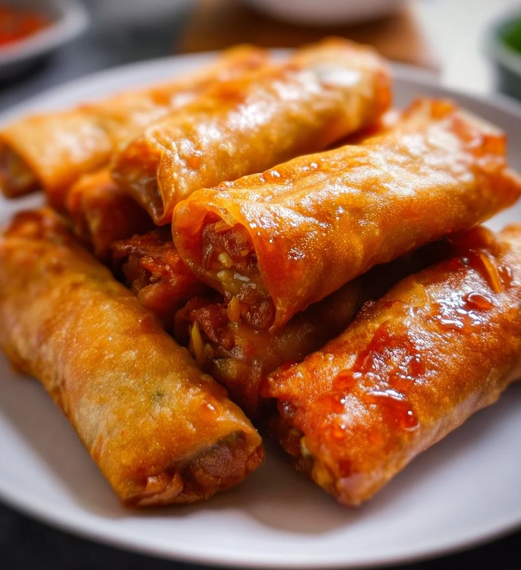 Plate of crispy Chinese vegetable spring rolls with fresh ingredients.