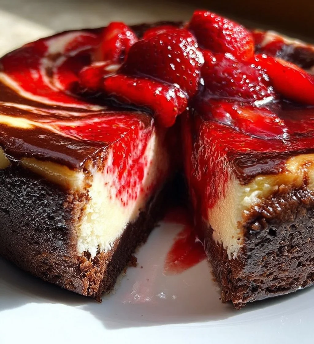 Delicious chocolate strawberry swirl cheesecake topped with fresh strawberries