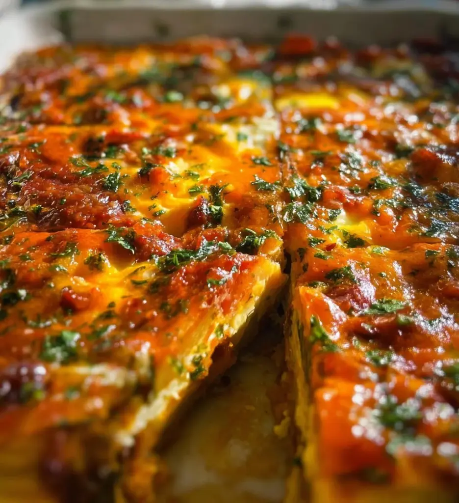 Delicious Chorizo and Potato Egg Casserole topped with fresh herbs