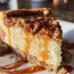 Slice of Cinnamon Crunch Cheesecake with a crunchy cinnamon topping