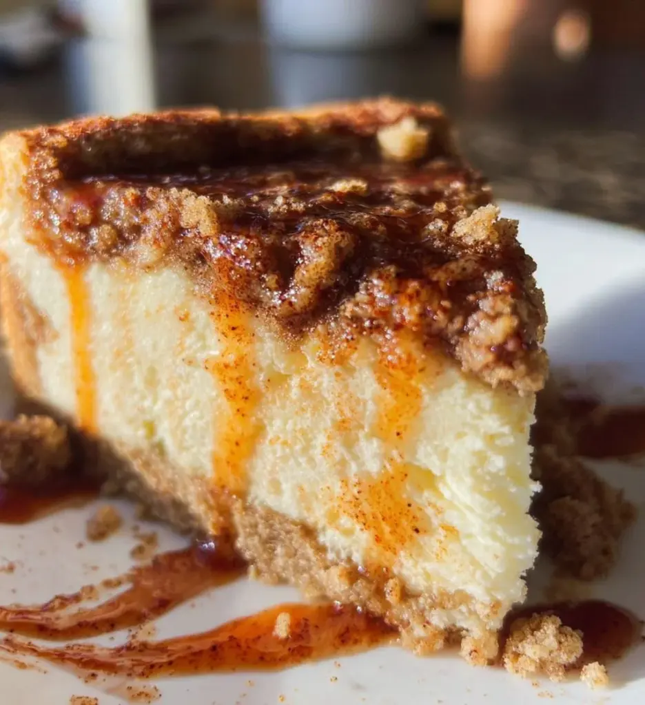 Slice of Cinnamon Crunch Cheesecake with a crunchy cinnamon topping