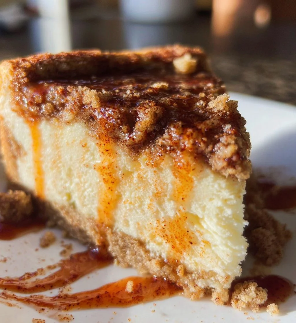 Slice of Cinnamon Crunch Cheesecake with a crunchy cinnamon topping