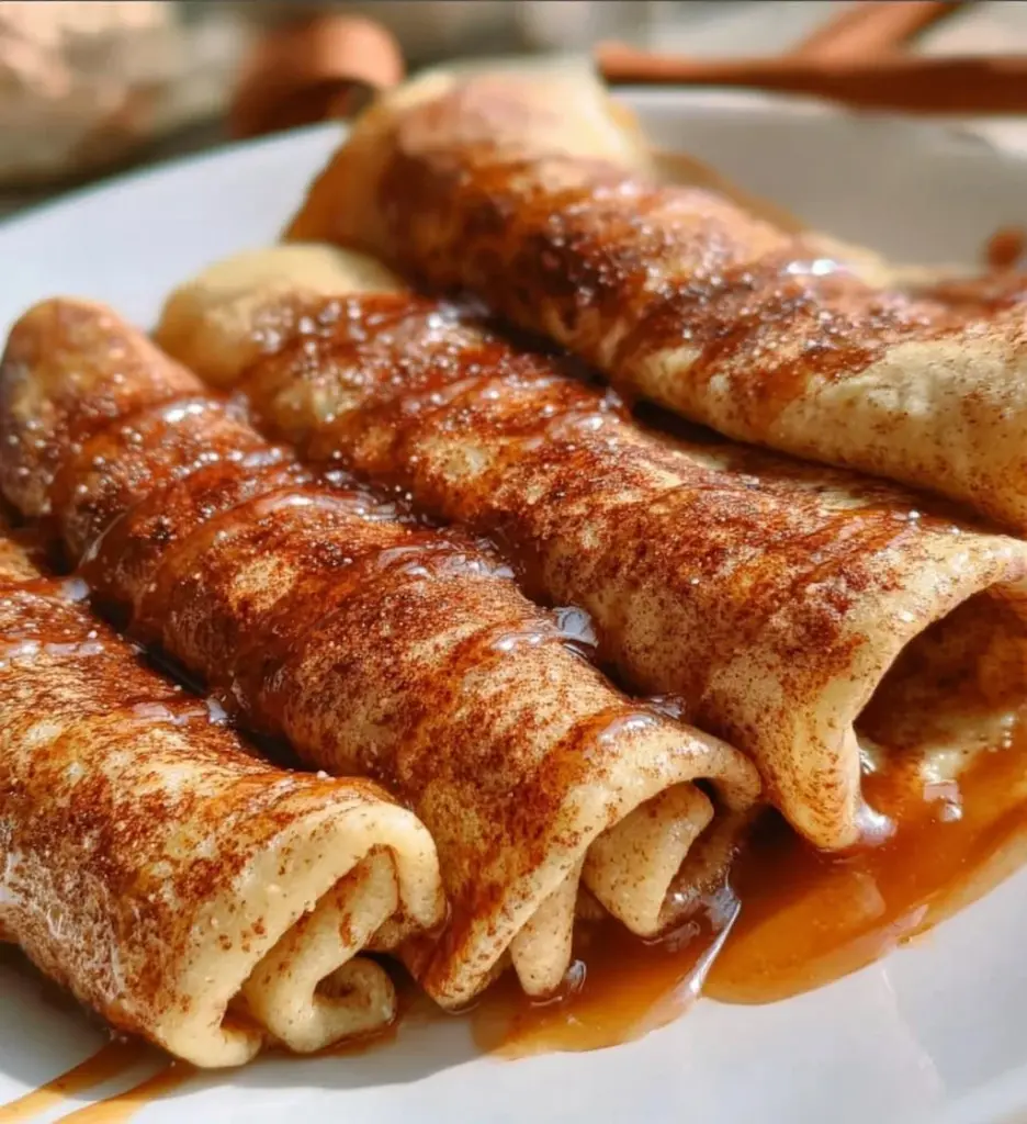 Cinnamon roll protein crepes topped with icing and cinnamon sugar