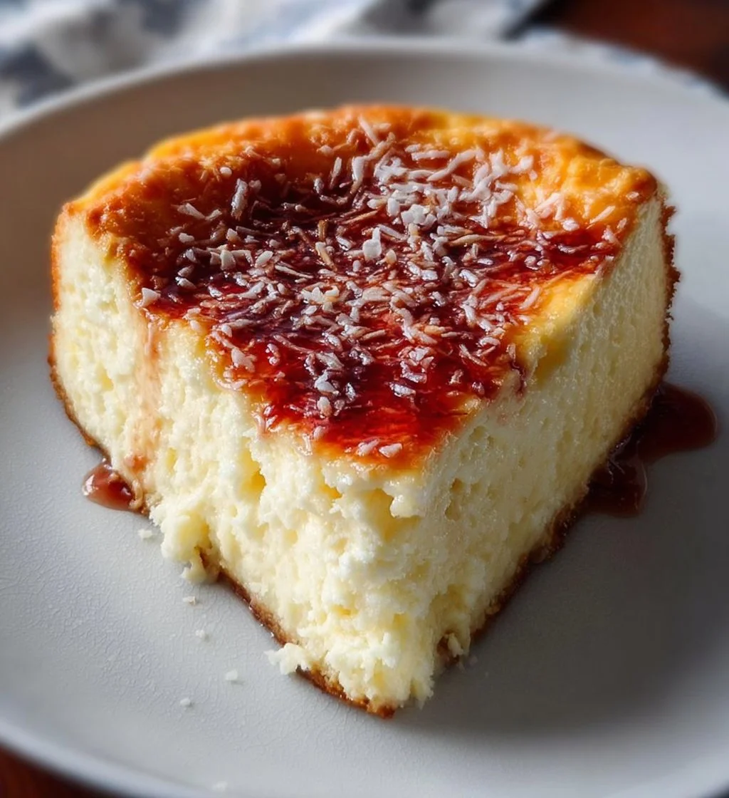 Delicious Coconut Cheesecake with cottage cheese topping and coconut flakes