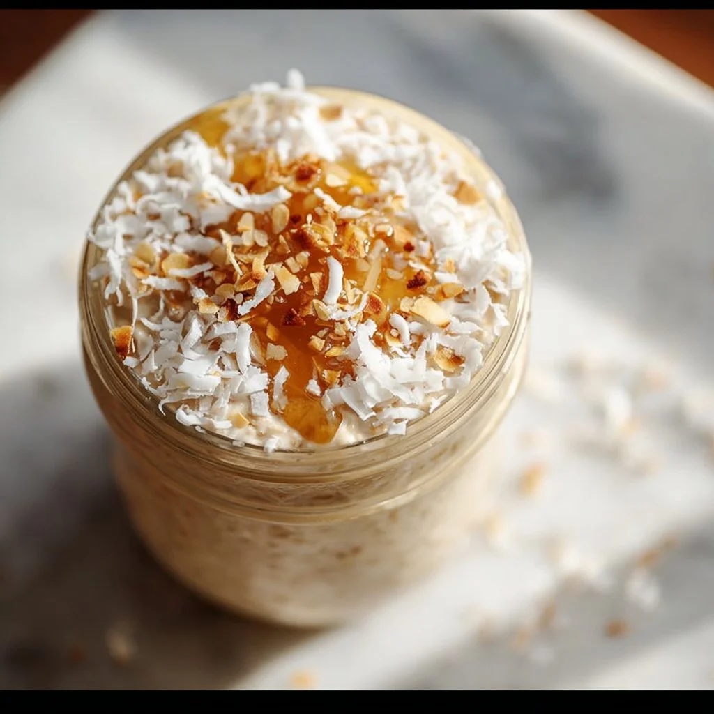 Delicious Coconut Cream Pie Overnight Oats in a glass jar with coconut flakes