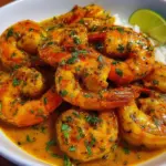 Delicious coconut curry shrimp served with fresh herbs and lime garnish.