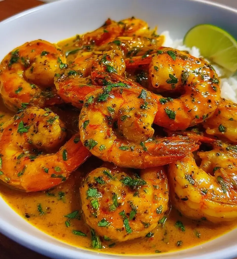 Delicious coconut curry shrimp served with fresh herbs and lime garnish.