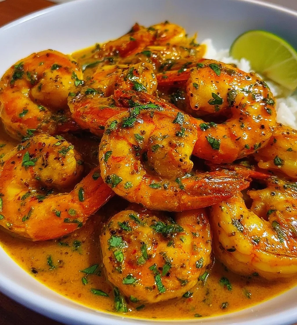 Delicious coconut curry shrimp served with fresh herbs and lime garnish.