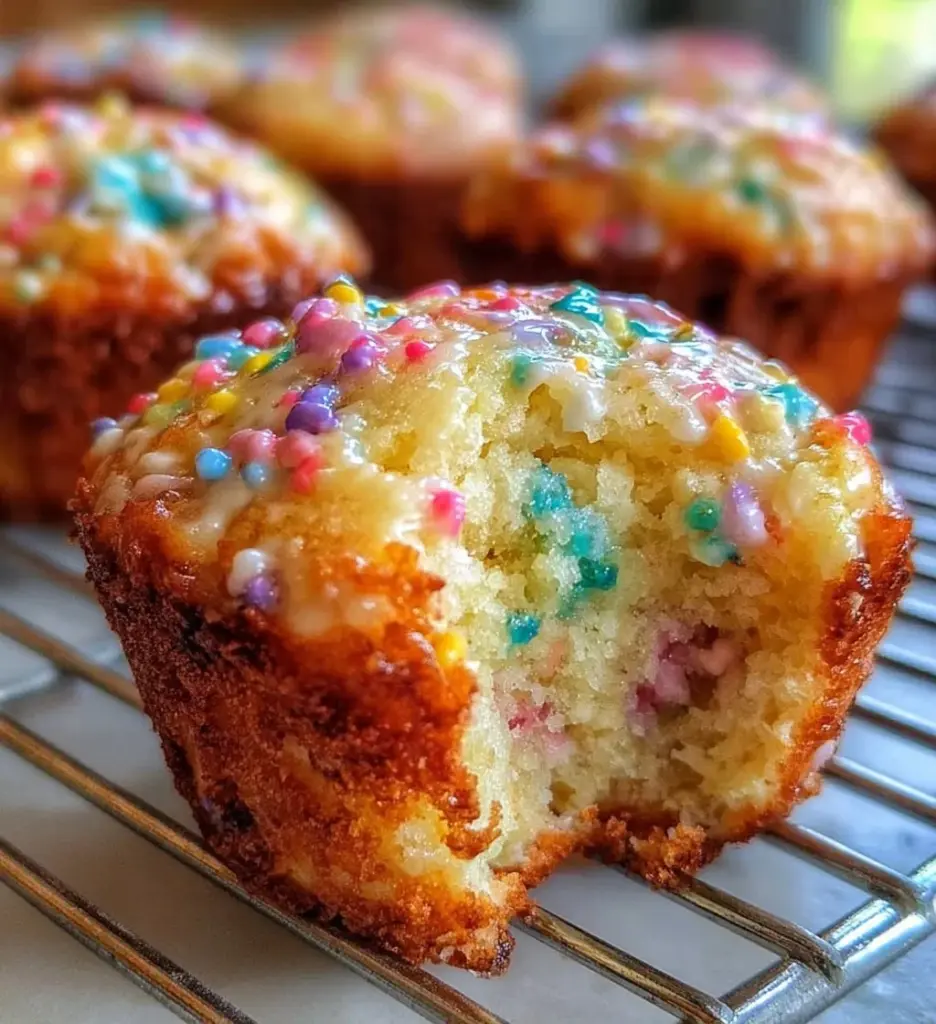 Colorful Funfetti Greek Yogurt Muffins fresh out of the oven