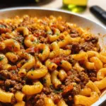 Hearty bowl of comforting Beefaroni served with fresh herbs